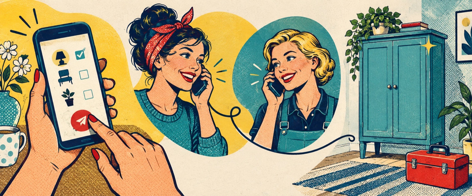 Pop-Art-Illustration: Anfrage absenden, gemeinsam telefonieren und die Aufgabe erledigen