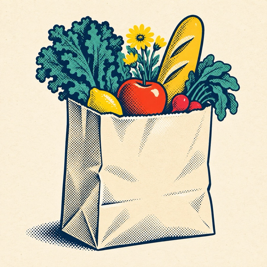 Pop-Art-Illustration einer Einkaufstüte mit Lebensmitteln