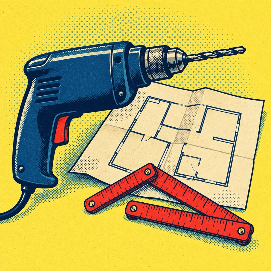 Pop-Art-Illustration einer Bohrmaschine mit Bauplan